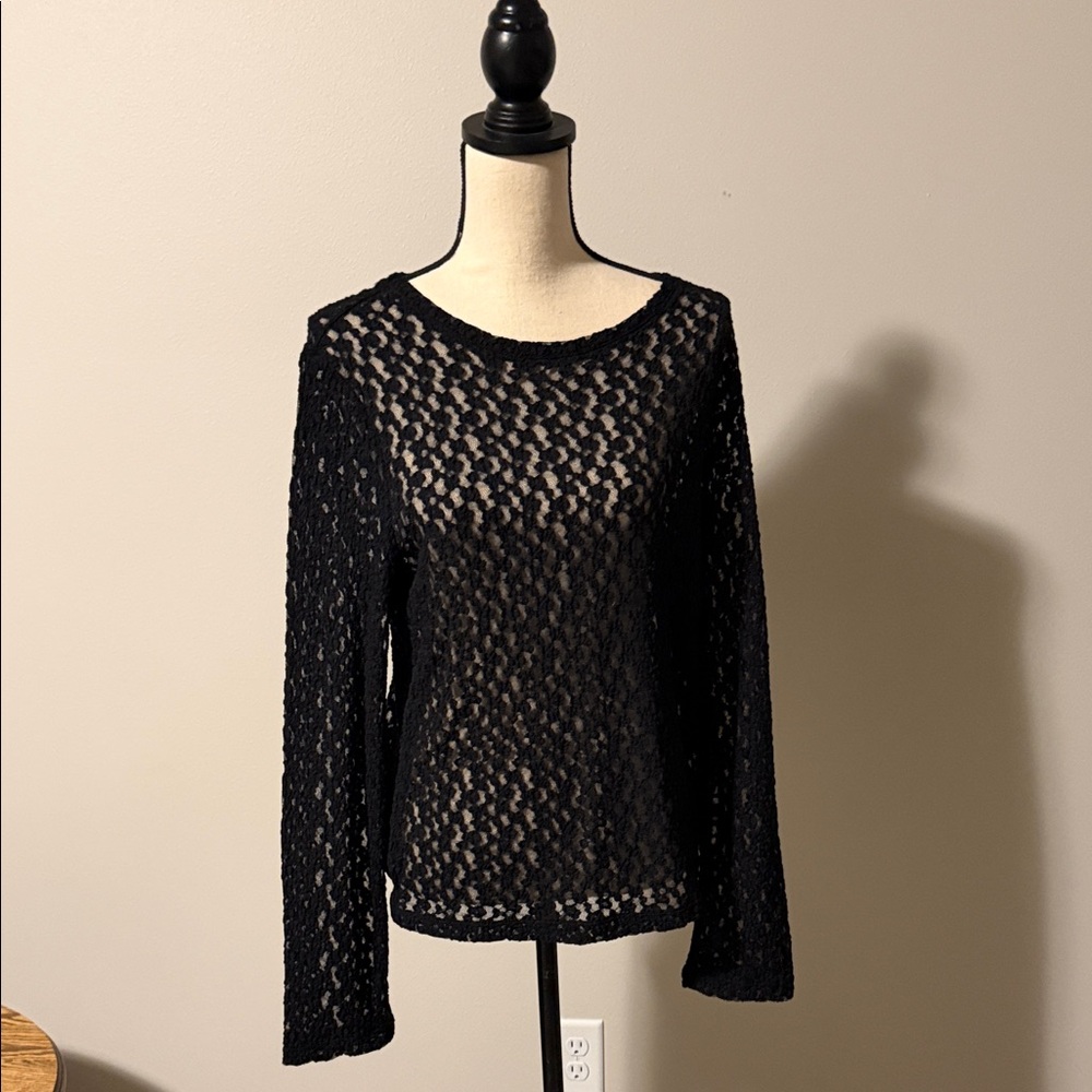 LOFT Black Sheer Lace Long-Sleeve Top